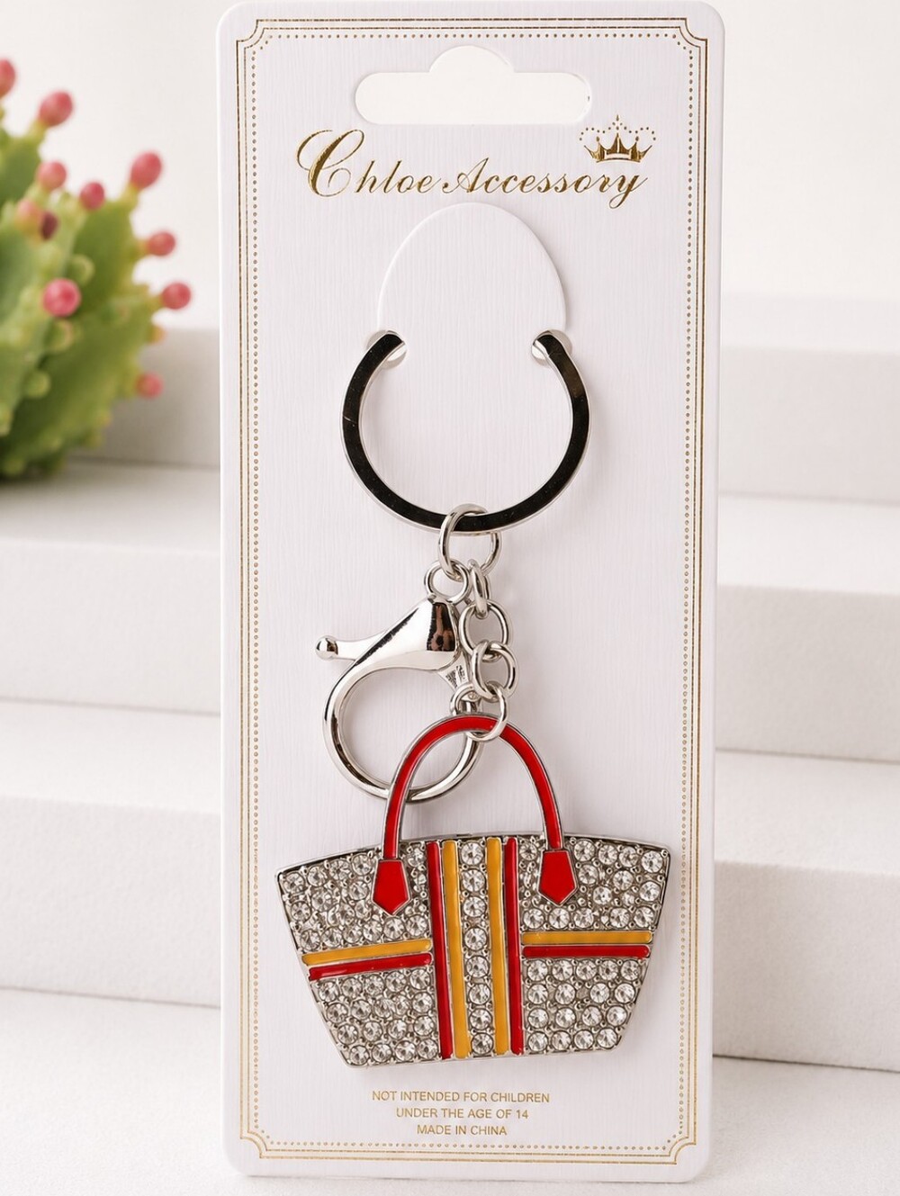 Women's Rhinestone Orange Handbag Purse Keychain | SILVER Tone Bag Charm Orange